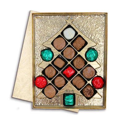 Open box layout styled as Christmas tree with some red and green wrappers