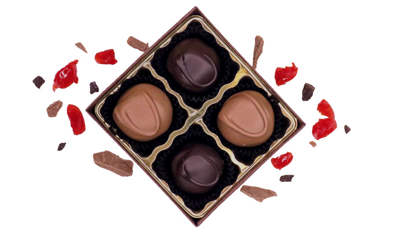 4 Piece Box of Florence's Hand-made Cherry Cordial Chocolates.  Milk, dark, or mix of milk & dark chocolate